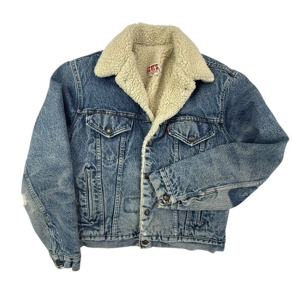 Vintage 80s Levis Sherpa Lined Denim Trucker Jacket Men 40R USA Jean Patches - Picture 2 of 16